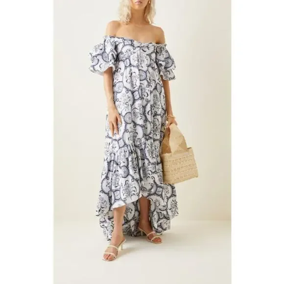 Andres Otalora Raquira Off The Shoulder Printed Cotton Maxi Dress Blue Size 6